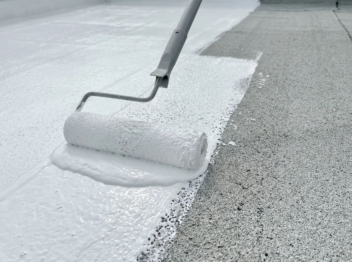 Roller applying a thick white elastomeric acrylic coating over a granulated modified bitumen roof