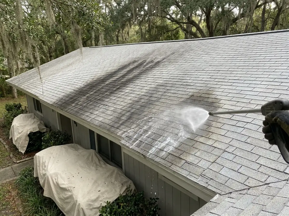 Black algae streaks on the north slope of a shingle roof being sprayed with a low-pressure soft wash