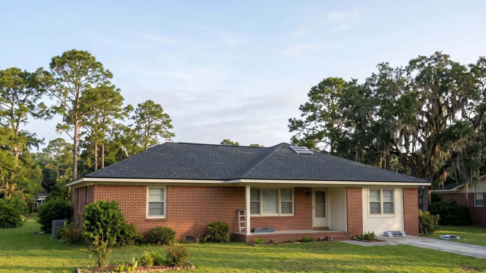New charcoal architectural shingle roof on a single-story brick ranch house with pine trees behind it