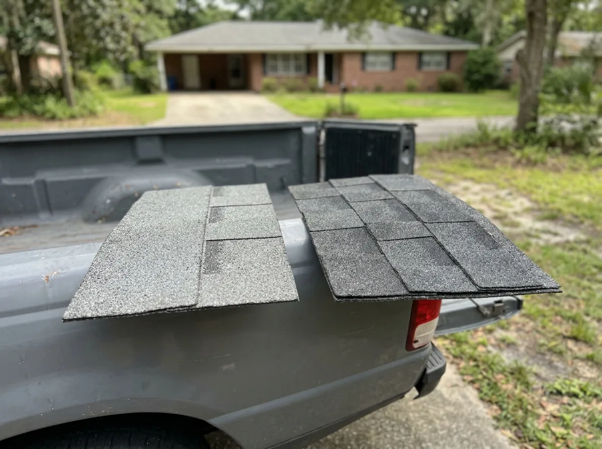Two shingle samples side by side on a tailgate, a flat 3-tab strip next to a thicker layered architectural shingle