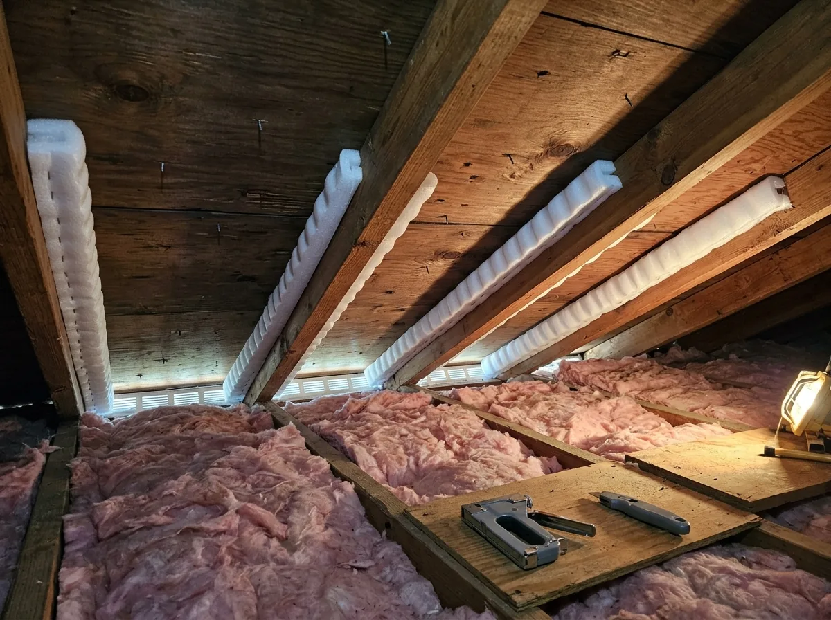 Ventilation baffles stapled between rafters above soffit vents, with insulation kept clear