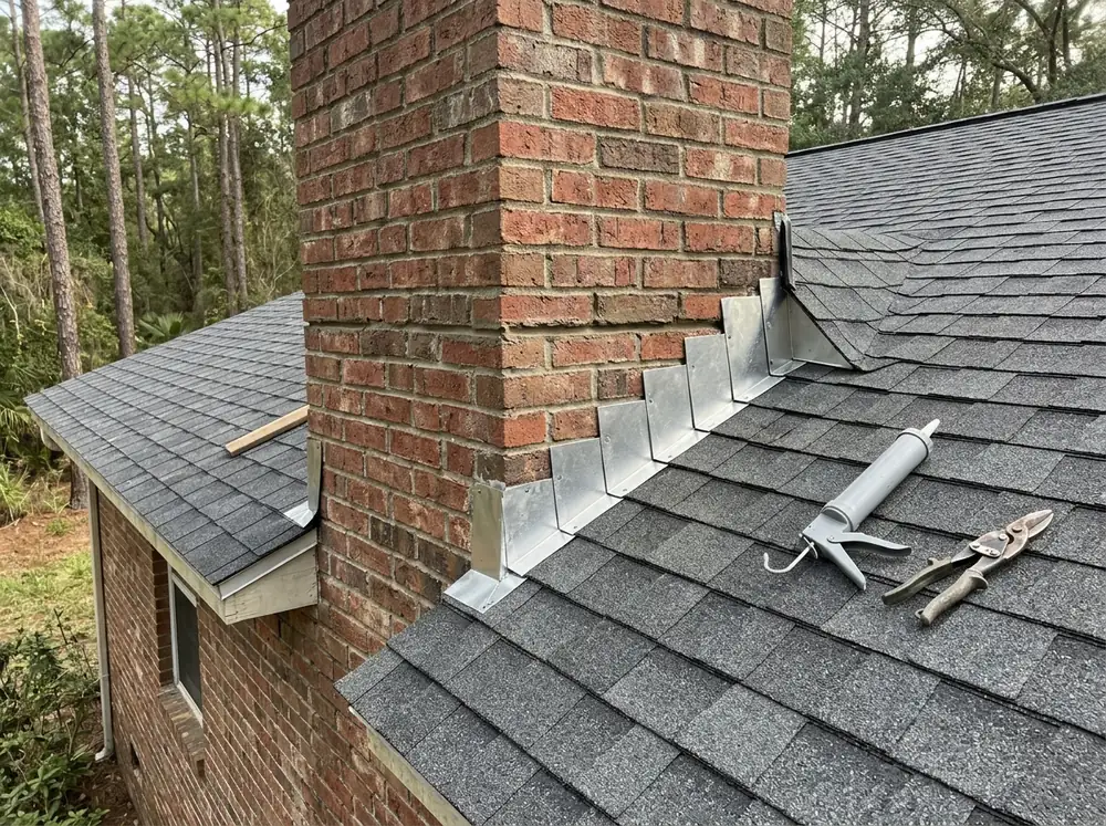Step flashing and counter flashing set into the mortar joints of a brick chimney on a shingle roof