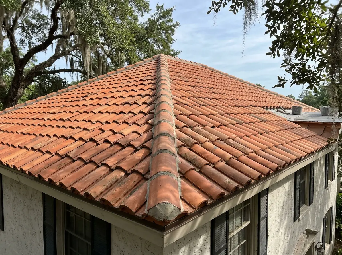 Terracotta clay barrel tile roof on a two-story house, showing the hip and ridge line with mortar-set ridge caps