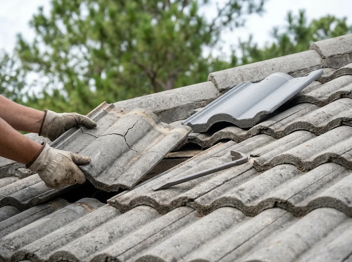 Roofer's gloved hands lifting a cracked gray concrete S-tile out of a tile roof, with a new matching tile resting beside it