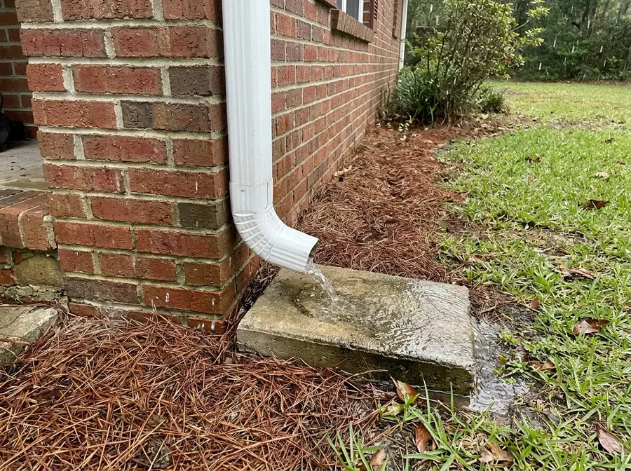 White aluminum downspout ending in an extension and a concrete splash block that carries water away from a brick foundation