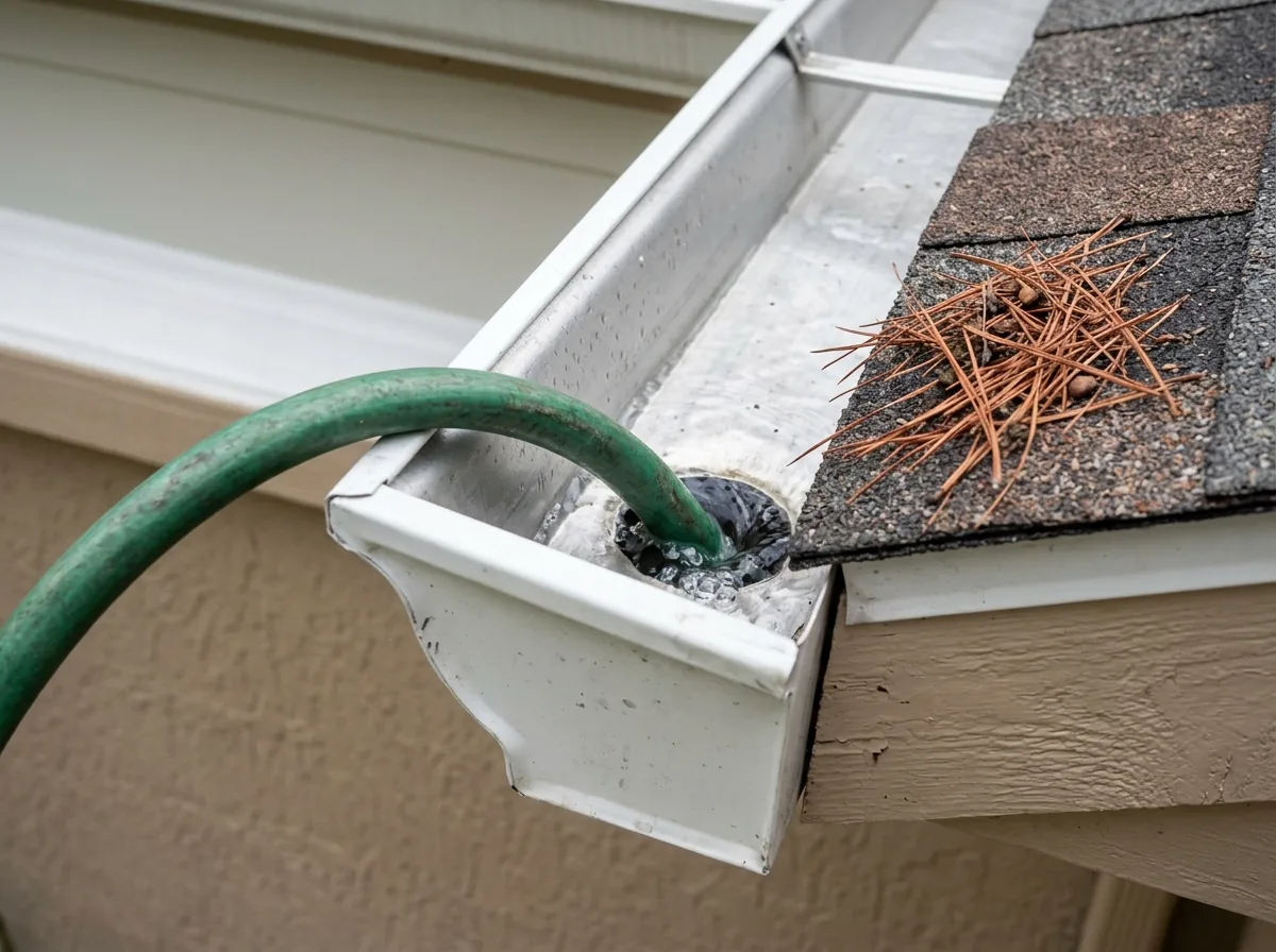 Garden hose running water into the top of a downspout at the gutter outlet on a beige painted house