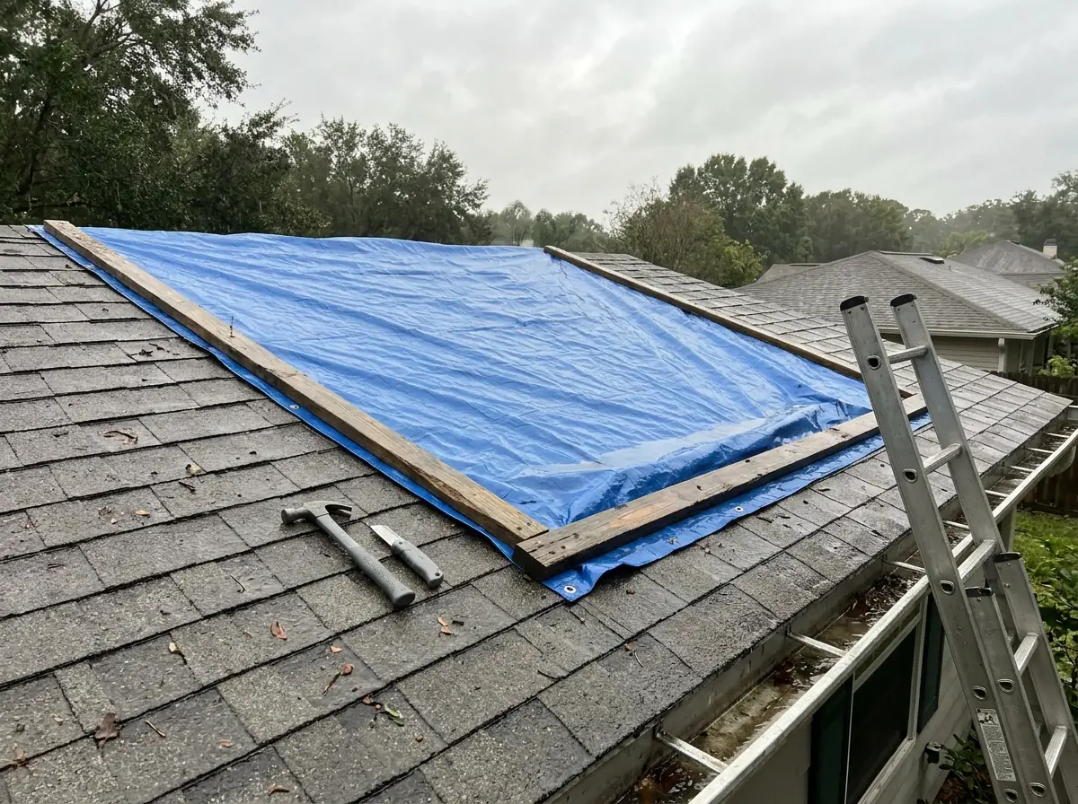 Blue tarp held down with wooden battens over part of a shingle roof after rain