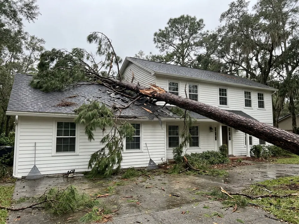 Fallen pine trunk lying across a shingle roof with broken shingles under it, morning after a storm
