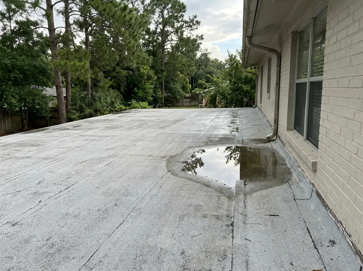 Shallow puddle of standing water on a gray low-slope membrane roof over a back porch, next to the house wall