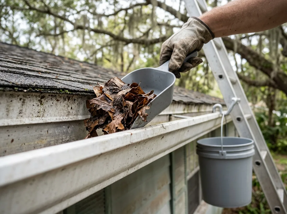 Gloved hand scooping wet brown oak leaves out of a white aluminum gutter on a single-story house, plain gray bucket hooked to the ladder