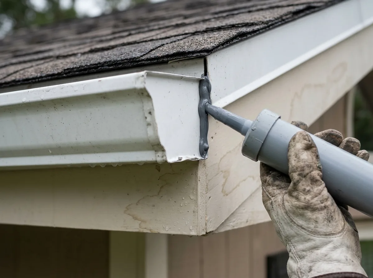 Close-up of a gutter end cap and corner seam being resealed with gray sealant from a plain caulk gun