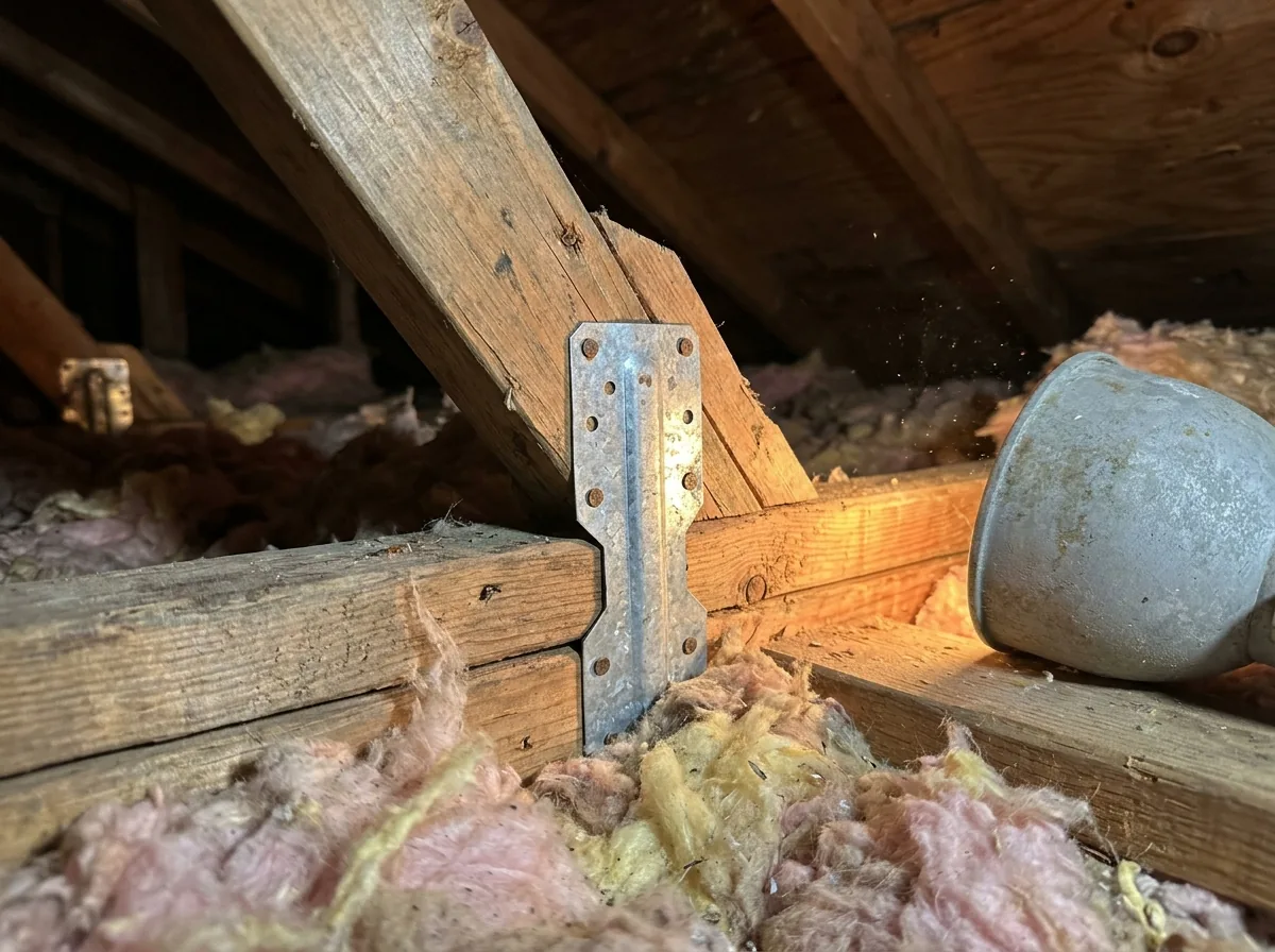 Galvanized hurricane clip nailed where a wood roof truss sits on the wall top plate, seen in an attic