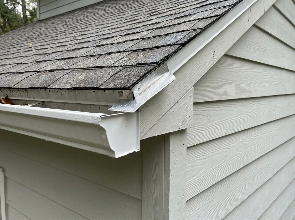 Kick-out flashing diverting roof water into the gutter where a roof edge meets a painted wall