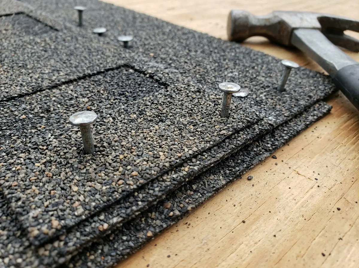 Close view of a laminated architectural shingle showing the nailing strip and the two bonded layers