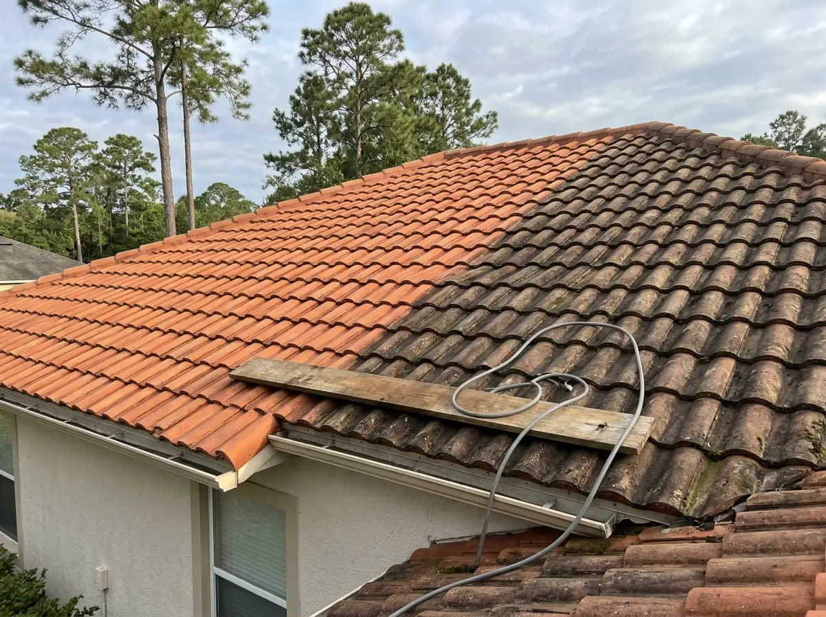 Low-pressure cleaning of a concrete tile roof, one half cleaned and lighter than the other