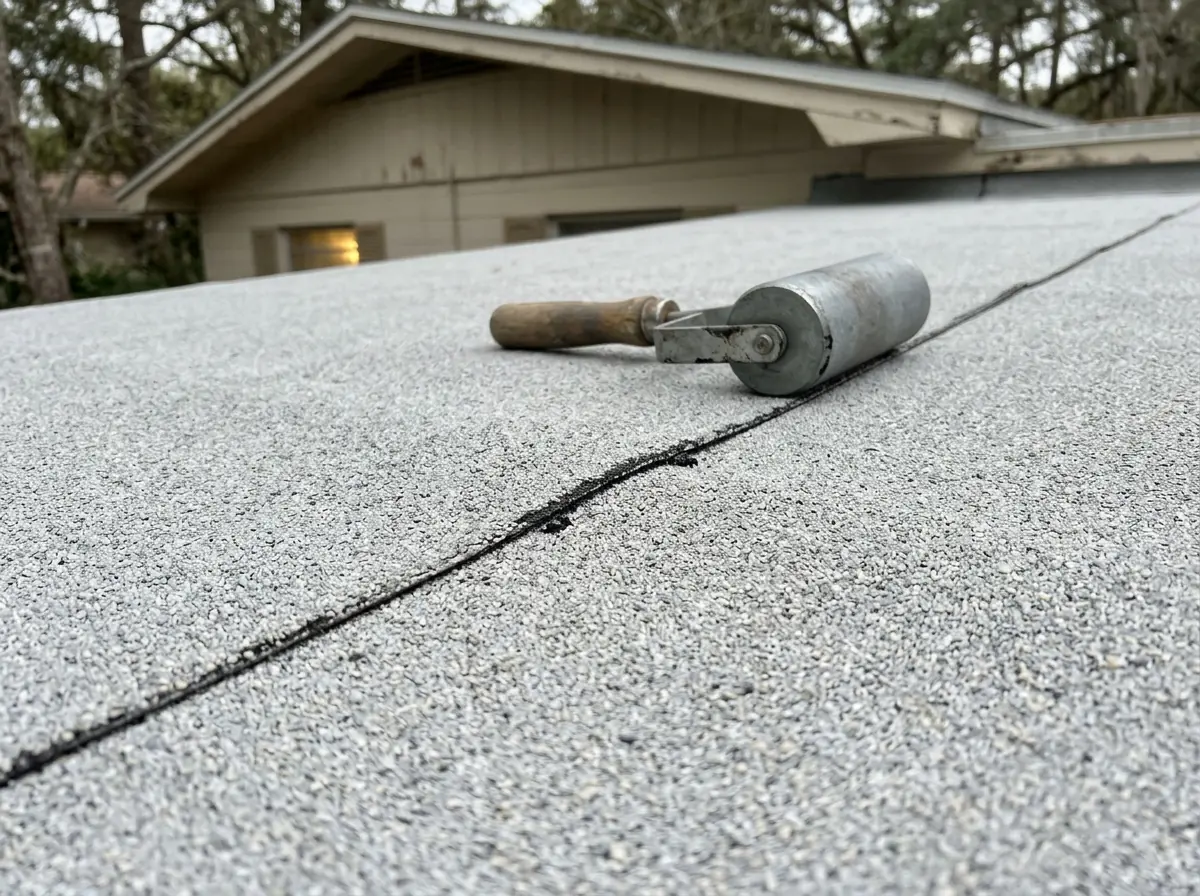 Close-up of a lapped seam on a light gray modified bitumen membrane on a low-slope carport roof