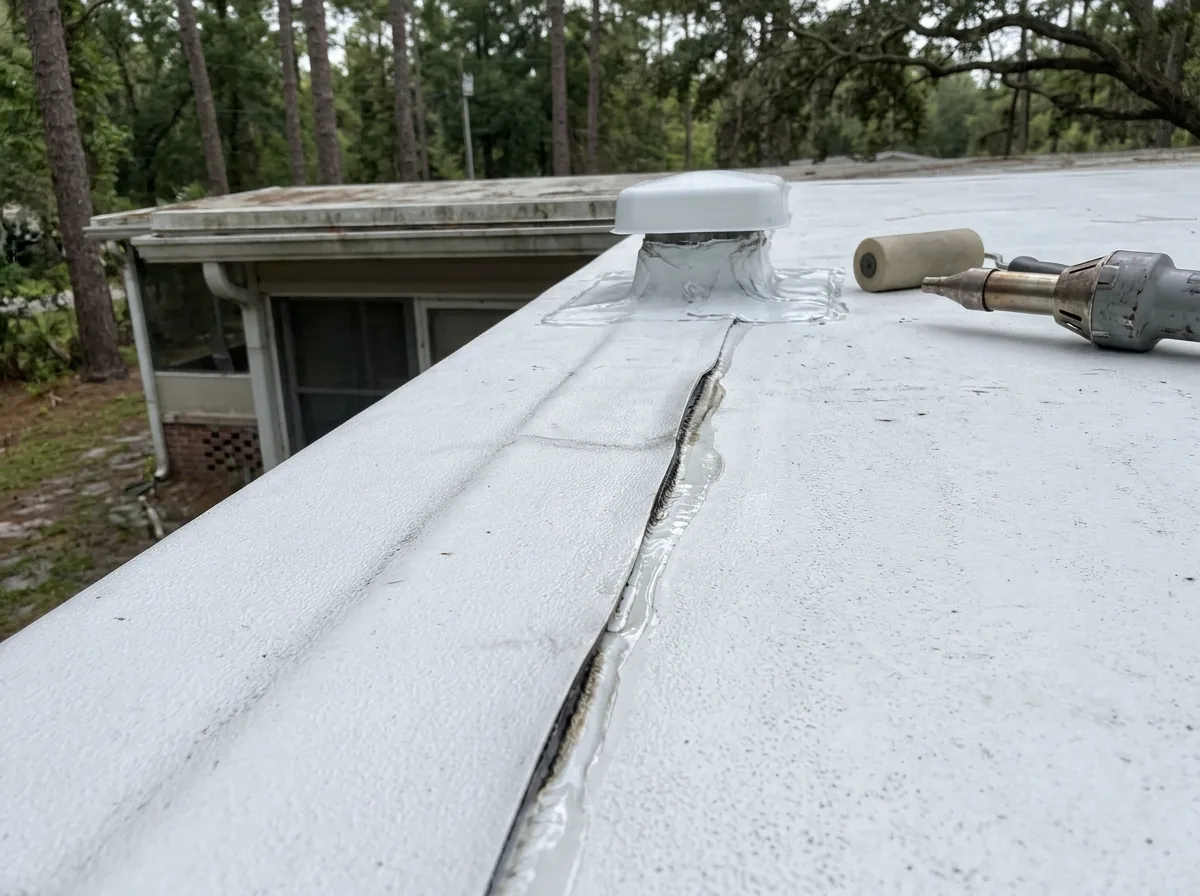 Close-up of a heat-welded seam in a white TPO membrane laid over the roof of a manufactured home