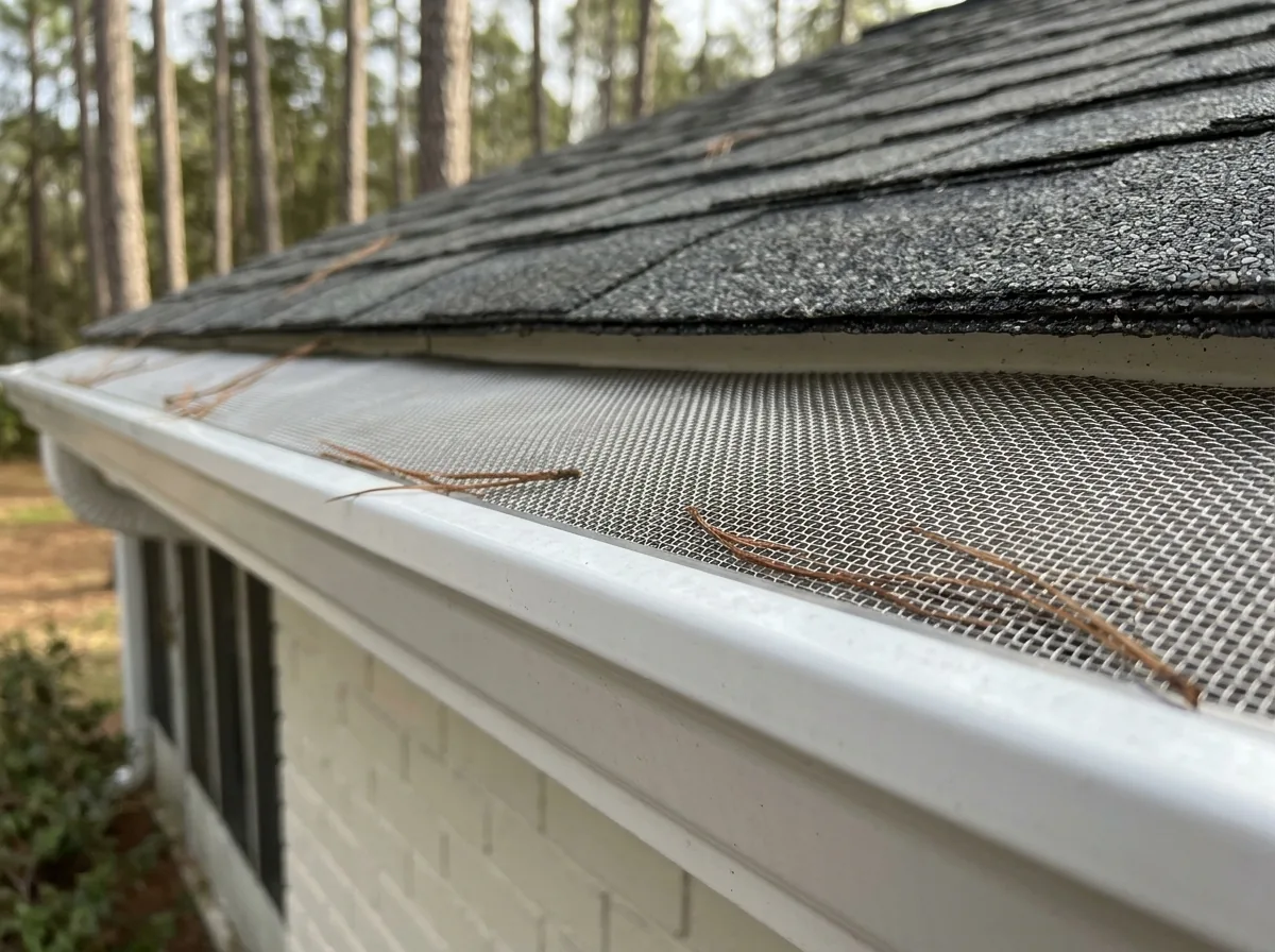 Fine stainless micro-mesh gutter guard on an aluminum gutter with a few brown pine needles resting on top