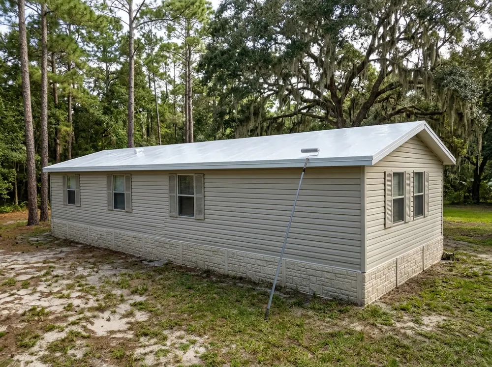 White elastomeric coating freshly rolled over the low, shallow roof of a single-wide manufactured home on a skirted block foundation
