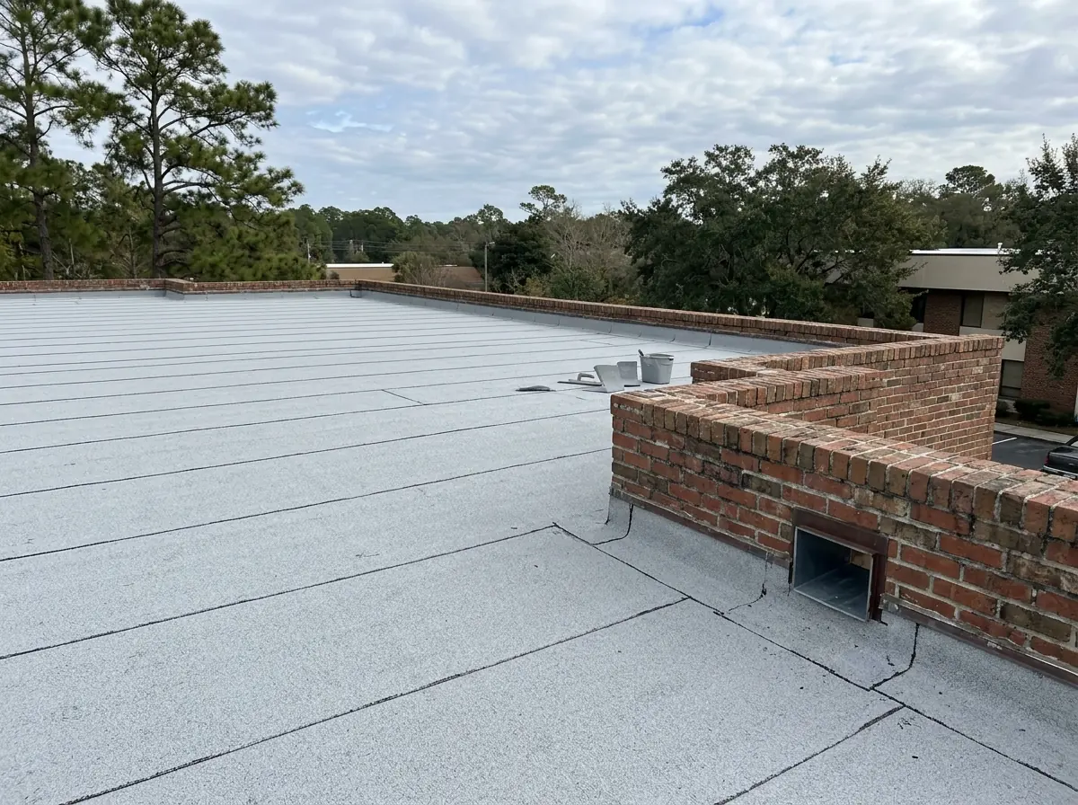 Granulated light gray modified bitumen cap sheet on the low-slope roof of a two-story brick office building, with a parapet wall and scupper