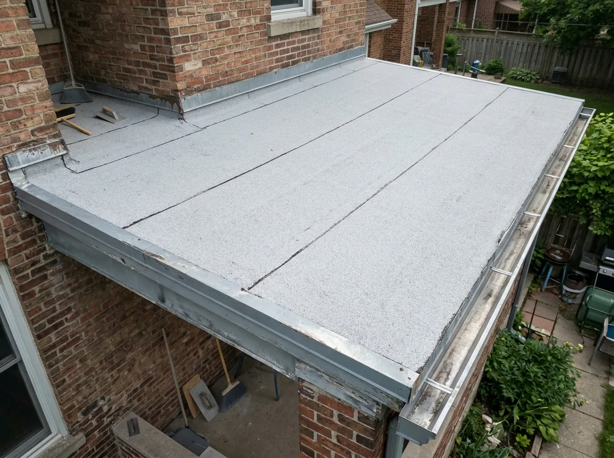 Light gray modified bitumen cap sheet on a low-slope porch roof