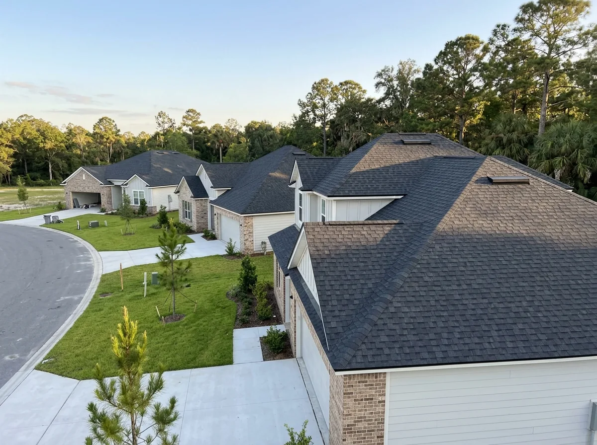 Row of new single-family homes with fresh charcoal architectural shingle roofs in a subdivision with young pine trees