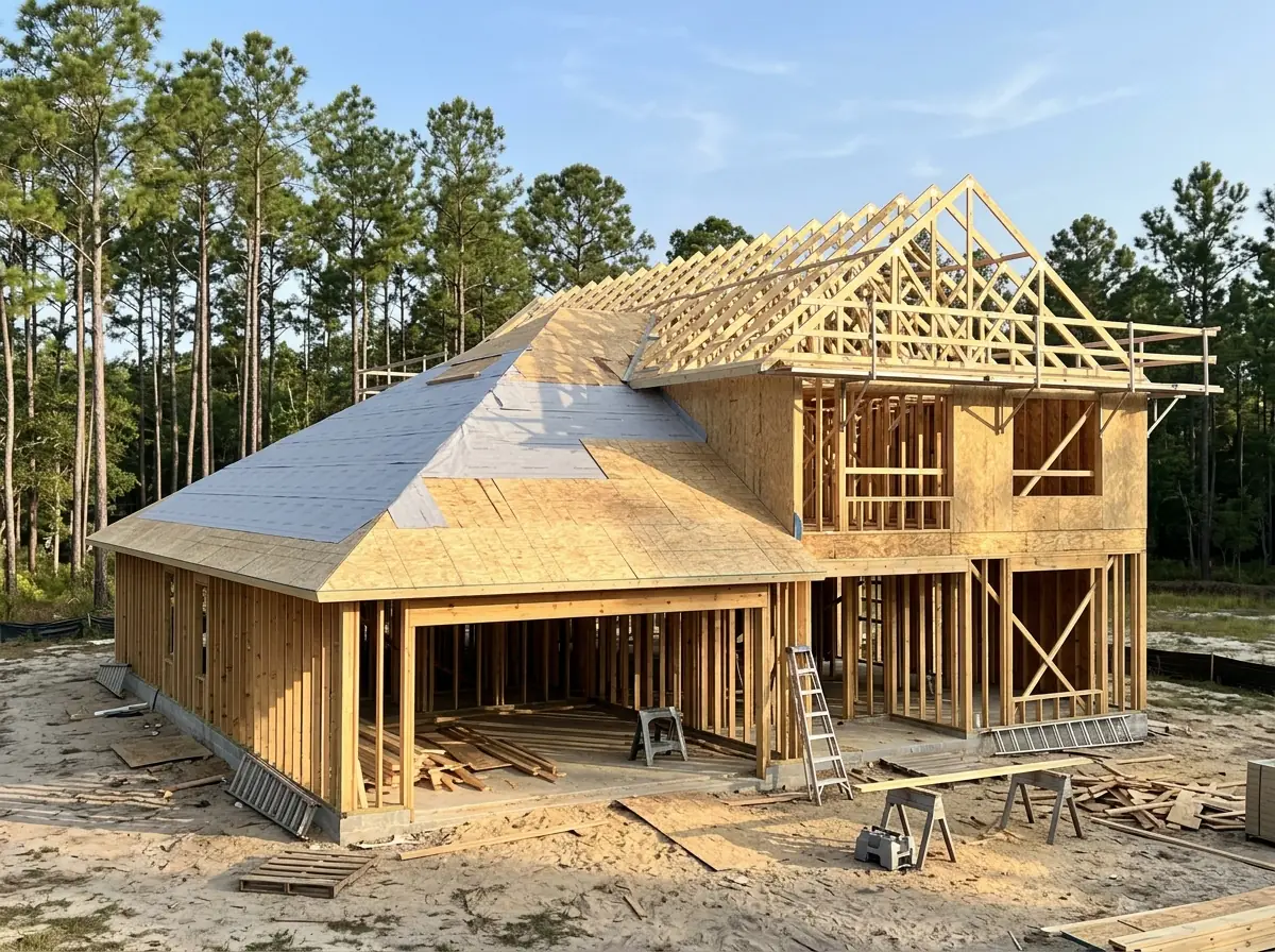 Wood roof trusses partly covered with new sheathing and gray synthetic underlayment on a house under construction