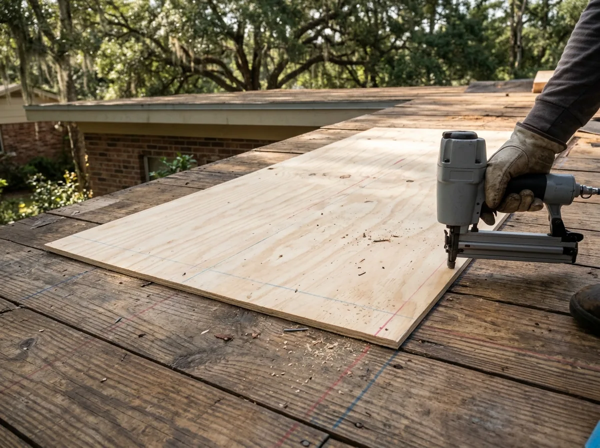 Roofer fitting a fresh sheet of plywood sheathing between older decking on an open roof