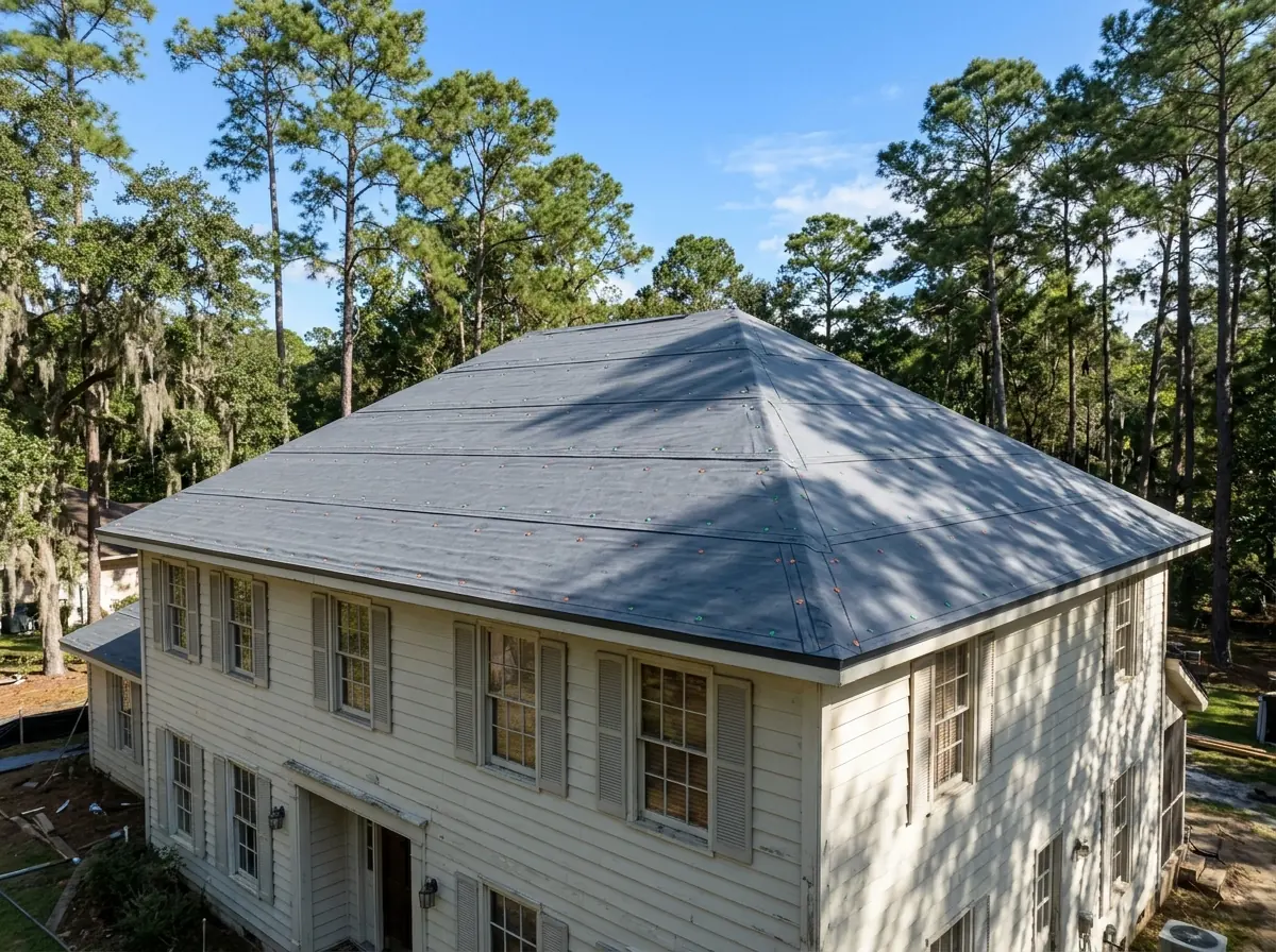 Dark synthetic underlayment rolled out and capped over the bare deck of a hip roof, ready for inspection