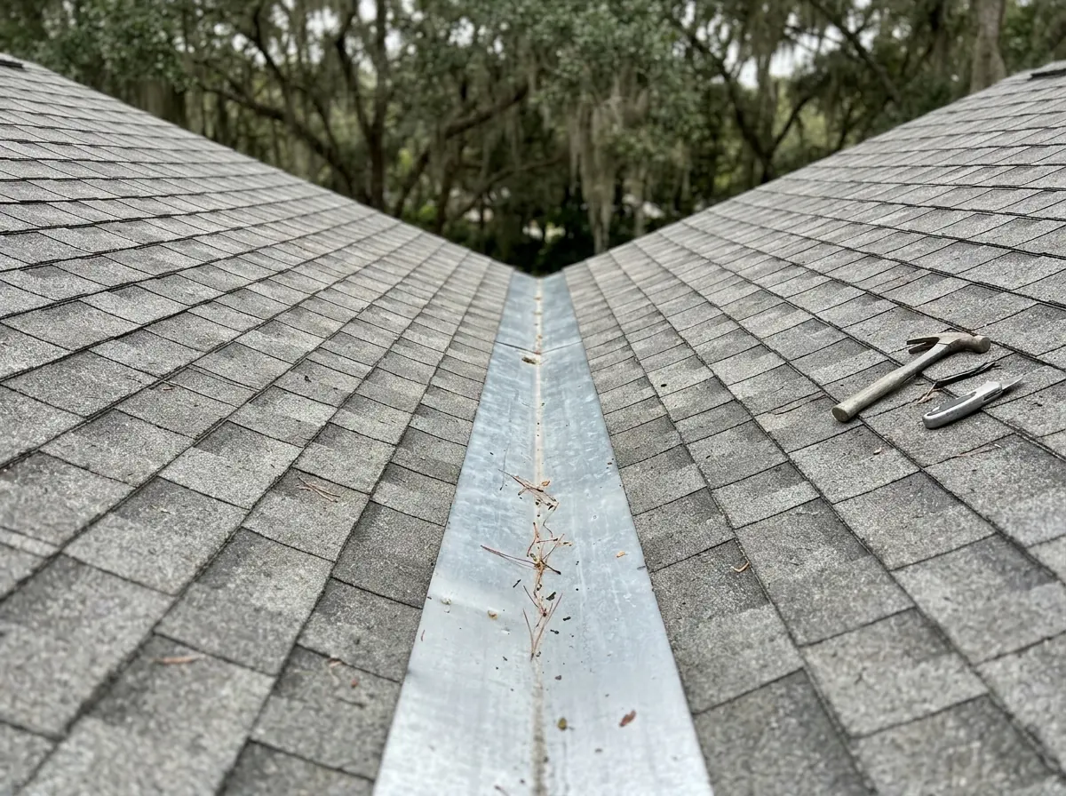 Open metal valley flashing running between two shingle roof slopes