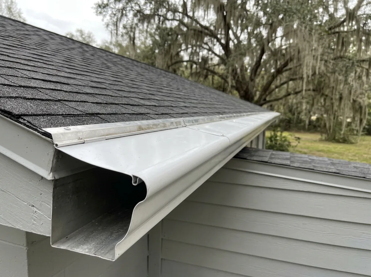 Solid aluminum reverse-curve gutter cover along the roof edge of a painted ranch house, front lip curling back into the gutter