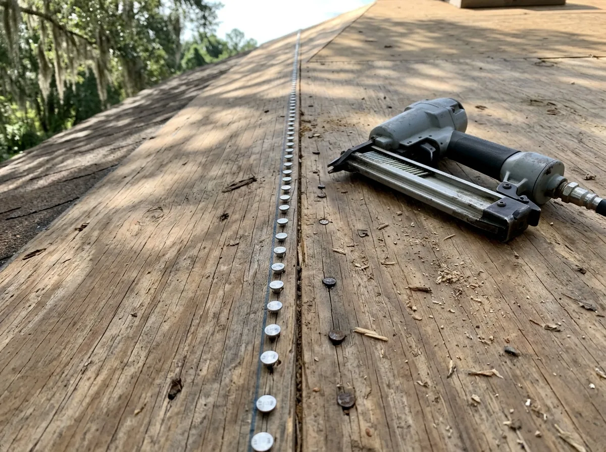 Ring-shank nails driven in a tight row along a truss line on plywood roof sheathing