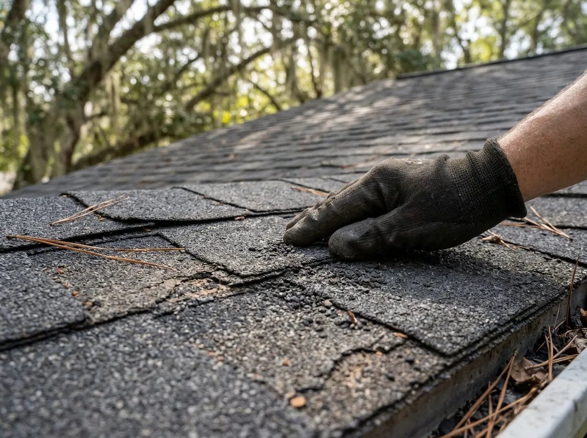 Gloved hand rubbing loose granules off an aging gray asphalt shingle during a roof inspection