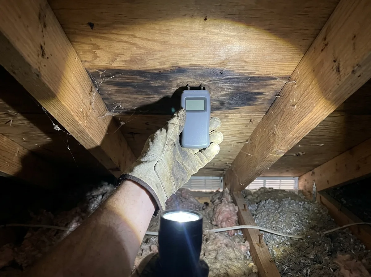 Flashlight and moisture meter checking a stained patch of roof decking in an attic