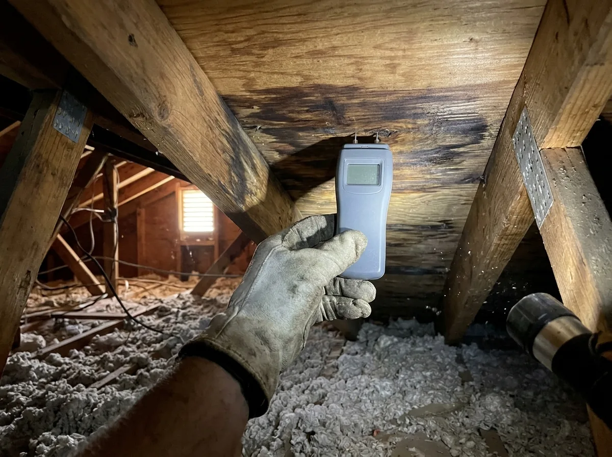 Roofer in an attic pressing a moisture meter against a dark water-stained patch of roof decking