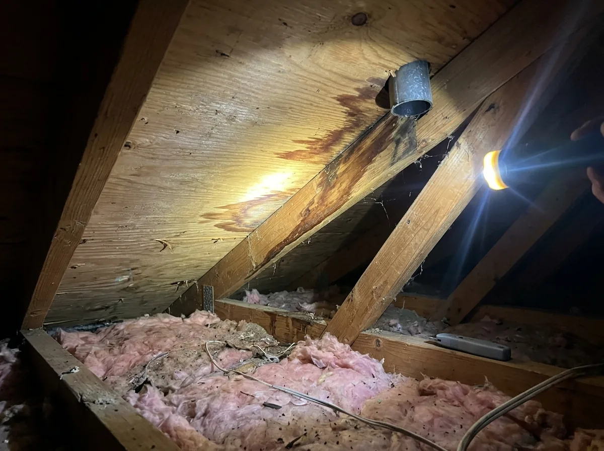 Flashlight beam on a brown water stain on attic roof decking above a ceiling stain, traced uphill toward a roof penetration