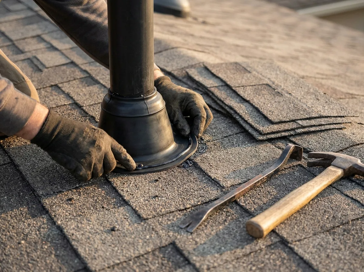 Gloved hands fitting a new rubber pipe boot around a vent pipe on a shingle roof