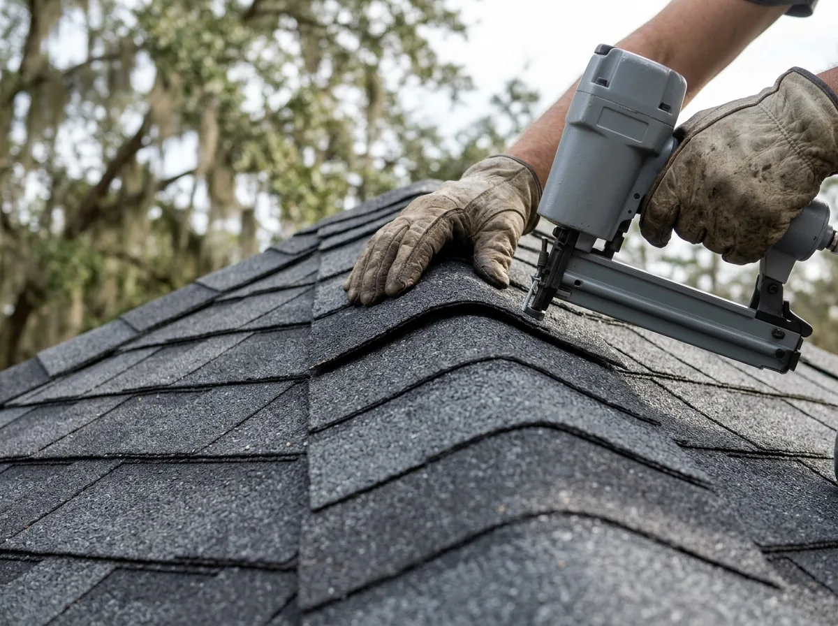 Roofer nailing the last course of ridge cap shingles along the peak of a newly shingled roof