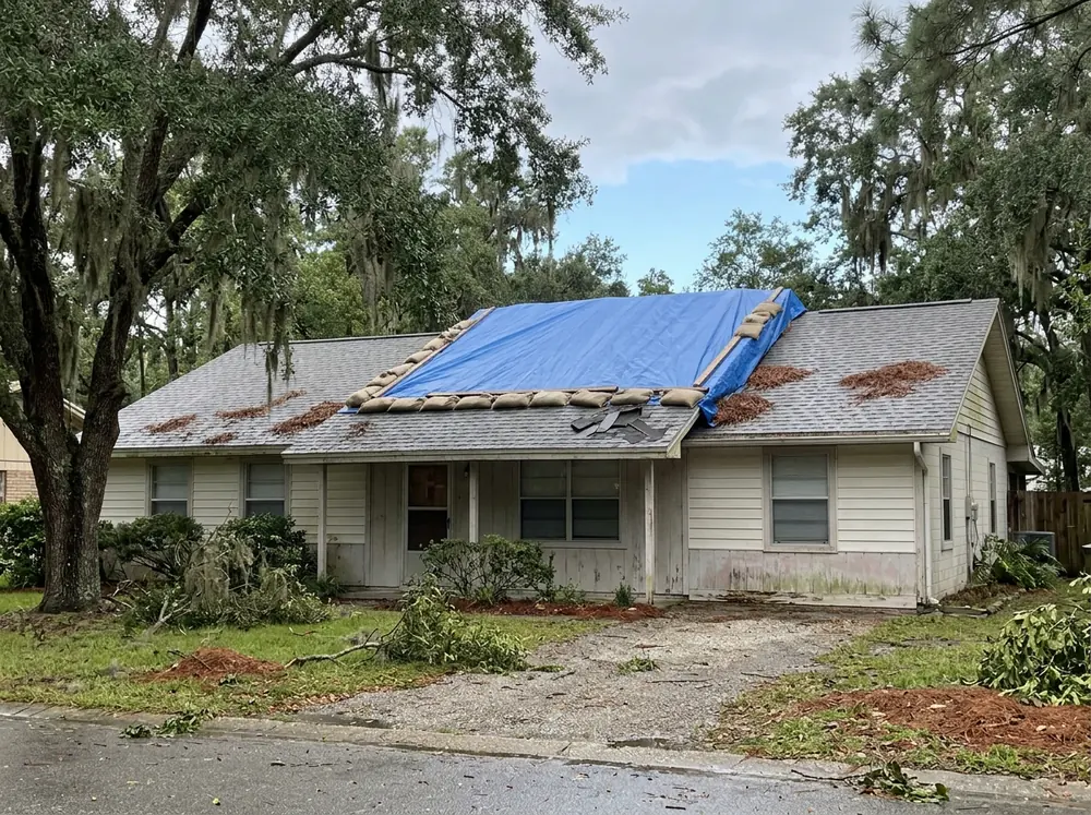 Blue tarp draped over the ridge of a shingle roof and weighted with sandbags along its edges