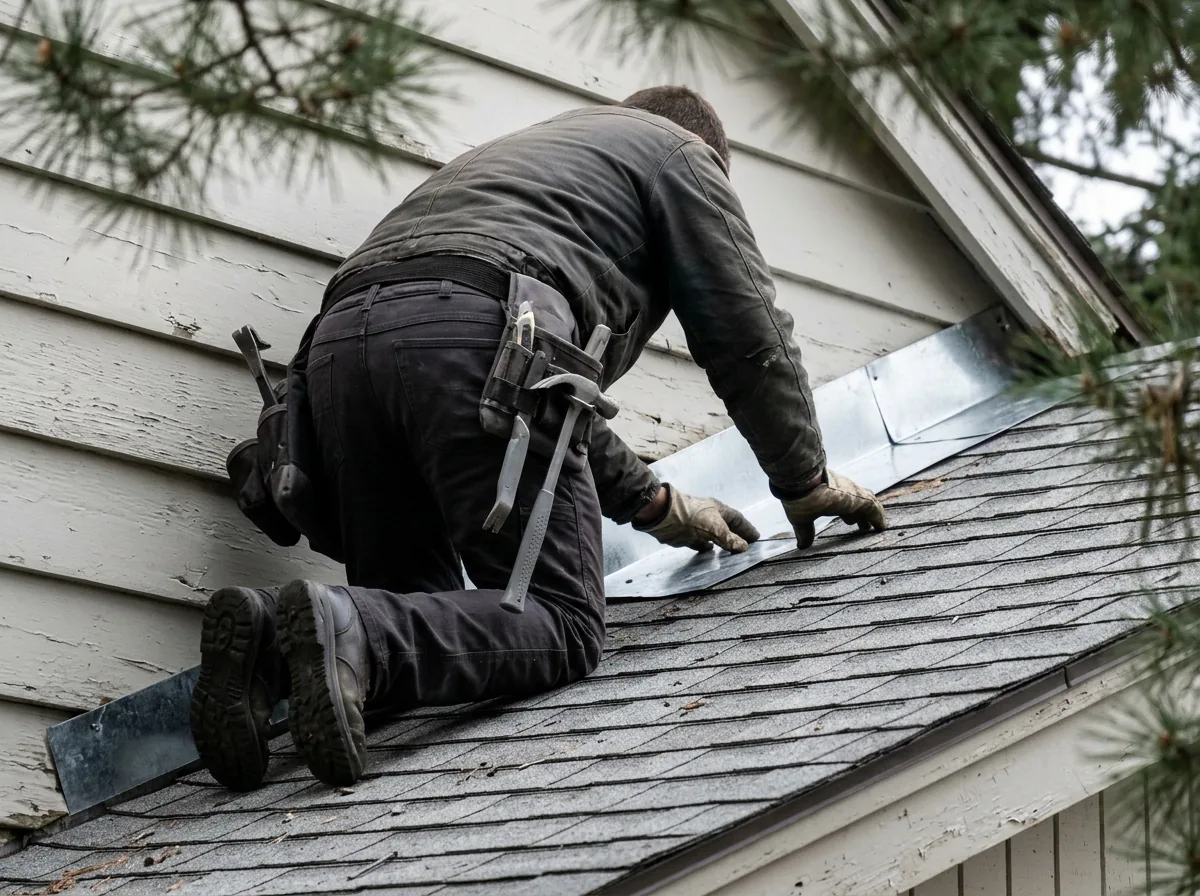 Roofer seen from behind fitting step flashing where a shingle roof meets a siding wall