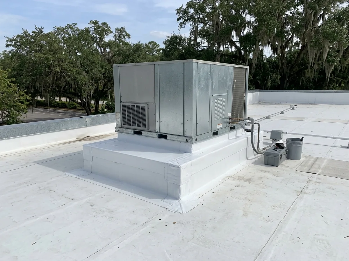 Rooftop air-conditioning unit on a raised curb with new membrane flashing wrapped up its sides on a restaurant's flat roof