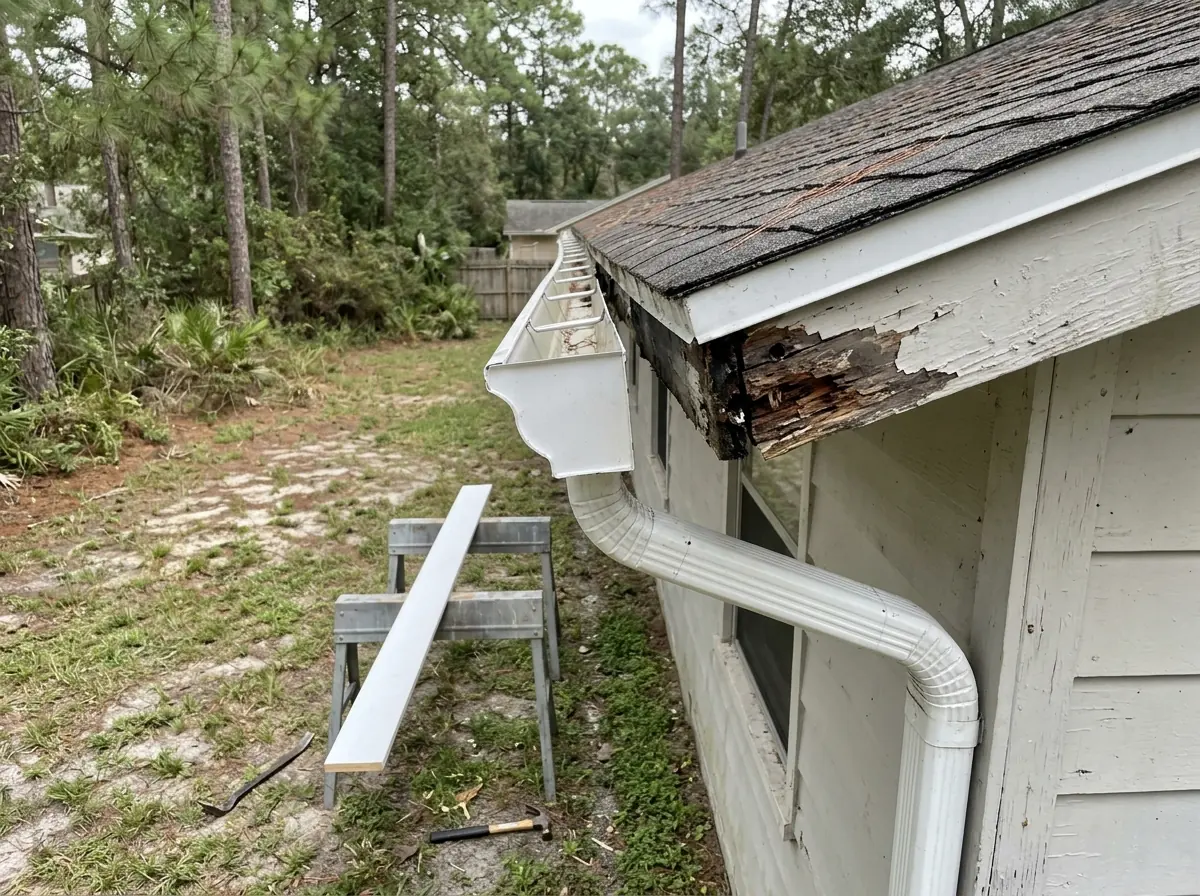 Rotted section of painted wood fascia board pulled away behind a gutter on a ranch house, new primed board ready beside it
