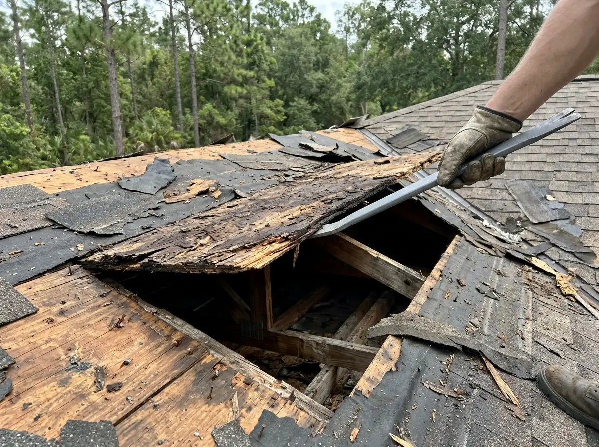 Roofer prying up a section of dark, water-damaged OSB roof sheathing during a shingle tear-off