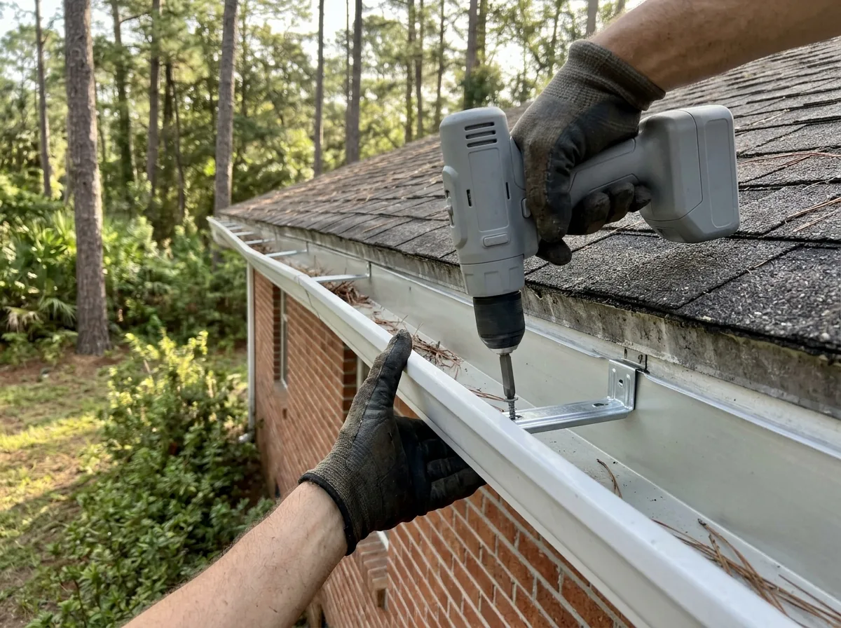 Aluminum gutter dipping between hangers on the eave of a brick ranch house, a gray cordless drill fastening a new hidden hanger