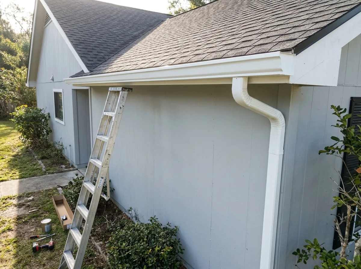 New white seamless aluminum gutter and downspout along the roof edge of a gray house