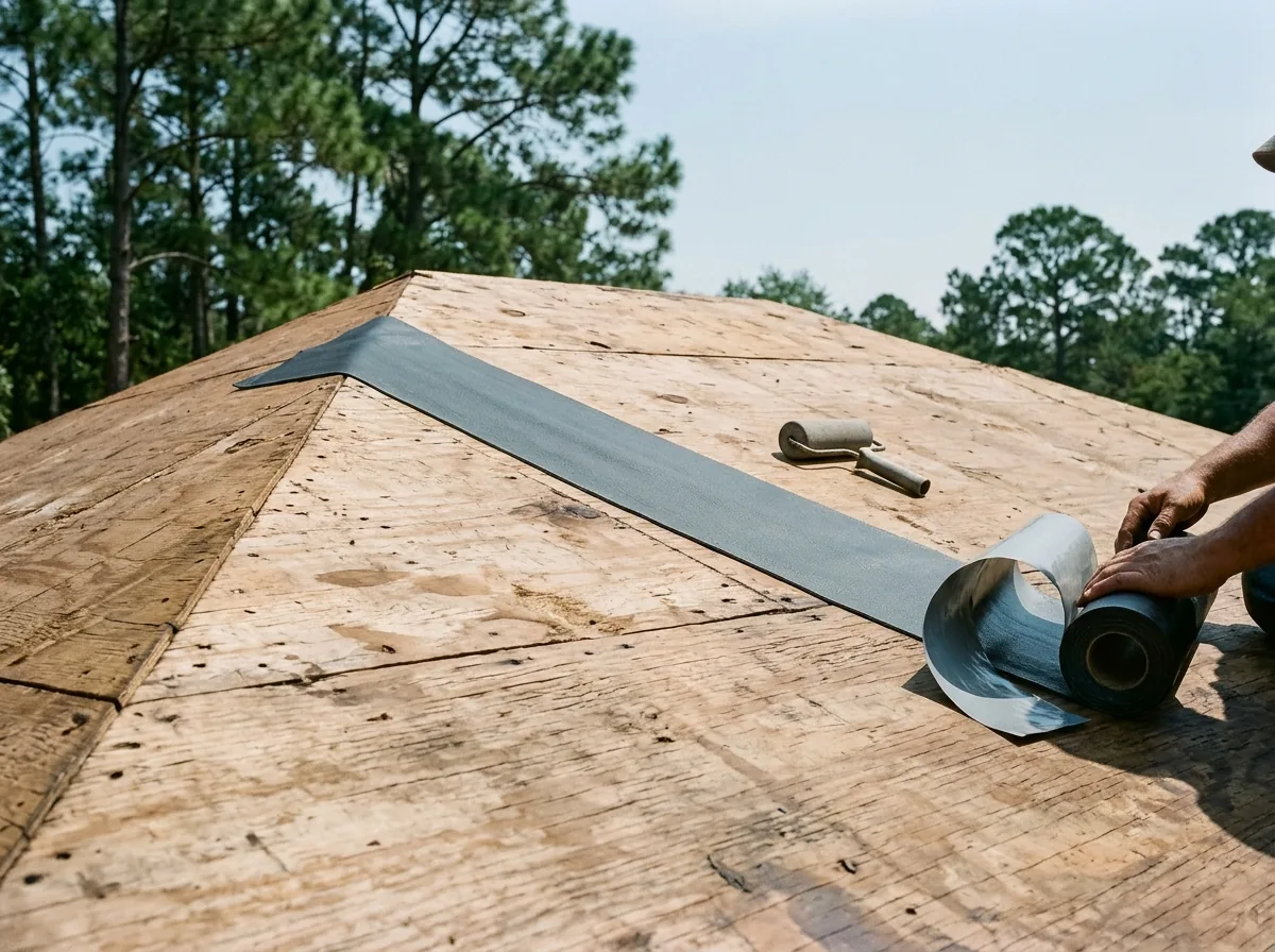 Self-adhering peel-and-stick membrane being rolled over the seams of a plywood roof deck during a reroof