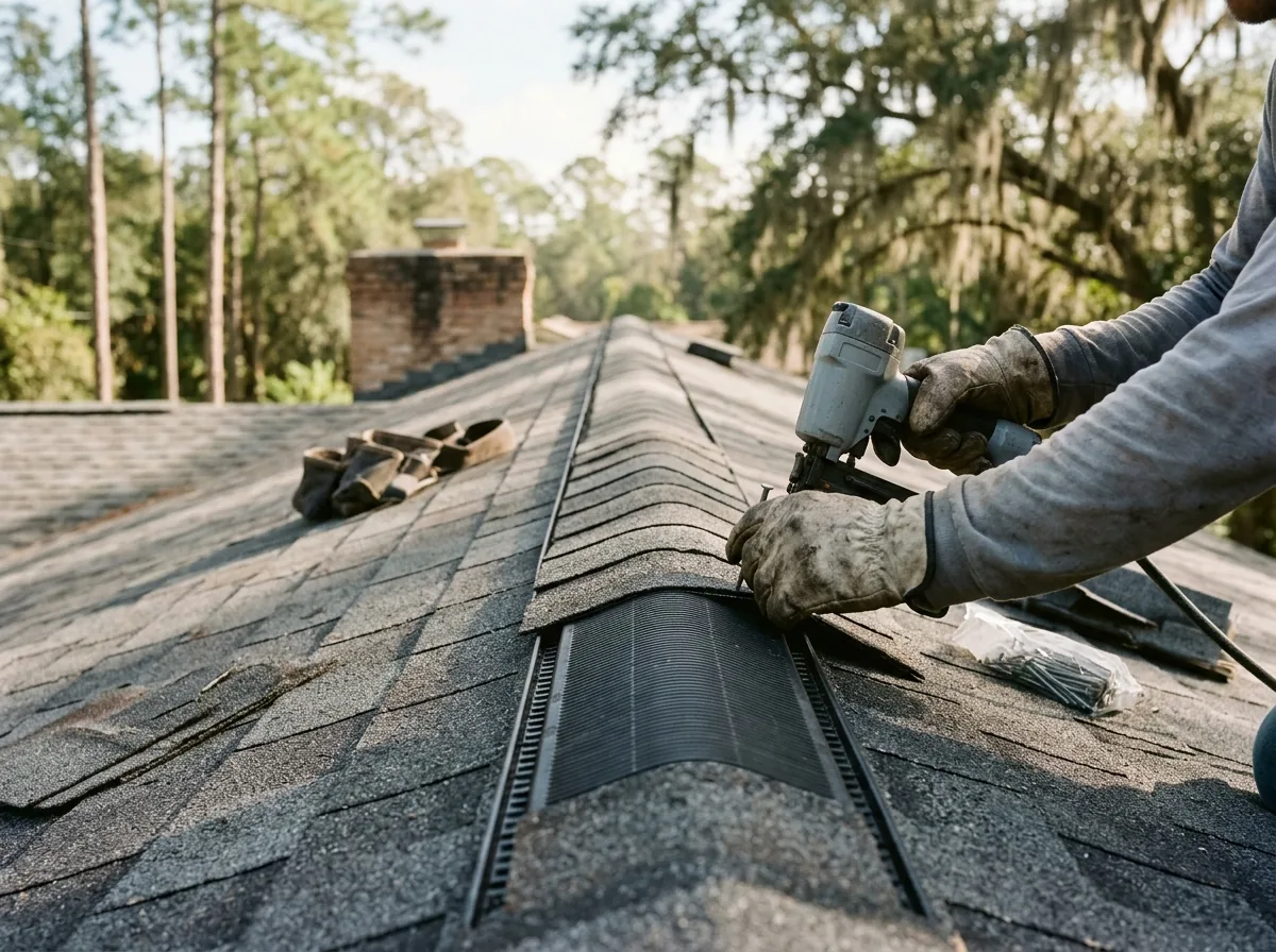 Roofer nailing a shingle-over ridge vent along the peak of a gray shingle roof