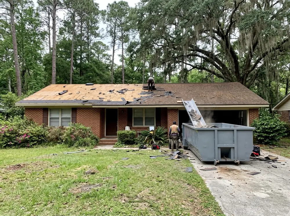 Crew tearing old asphalt shingles off a brick ranch house into a dumpster parked beside the driveway
