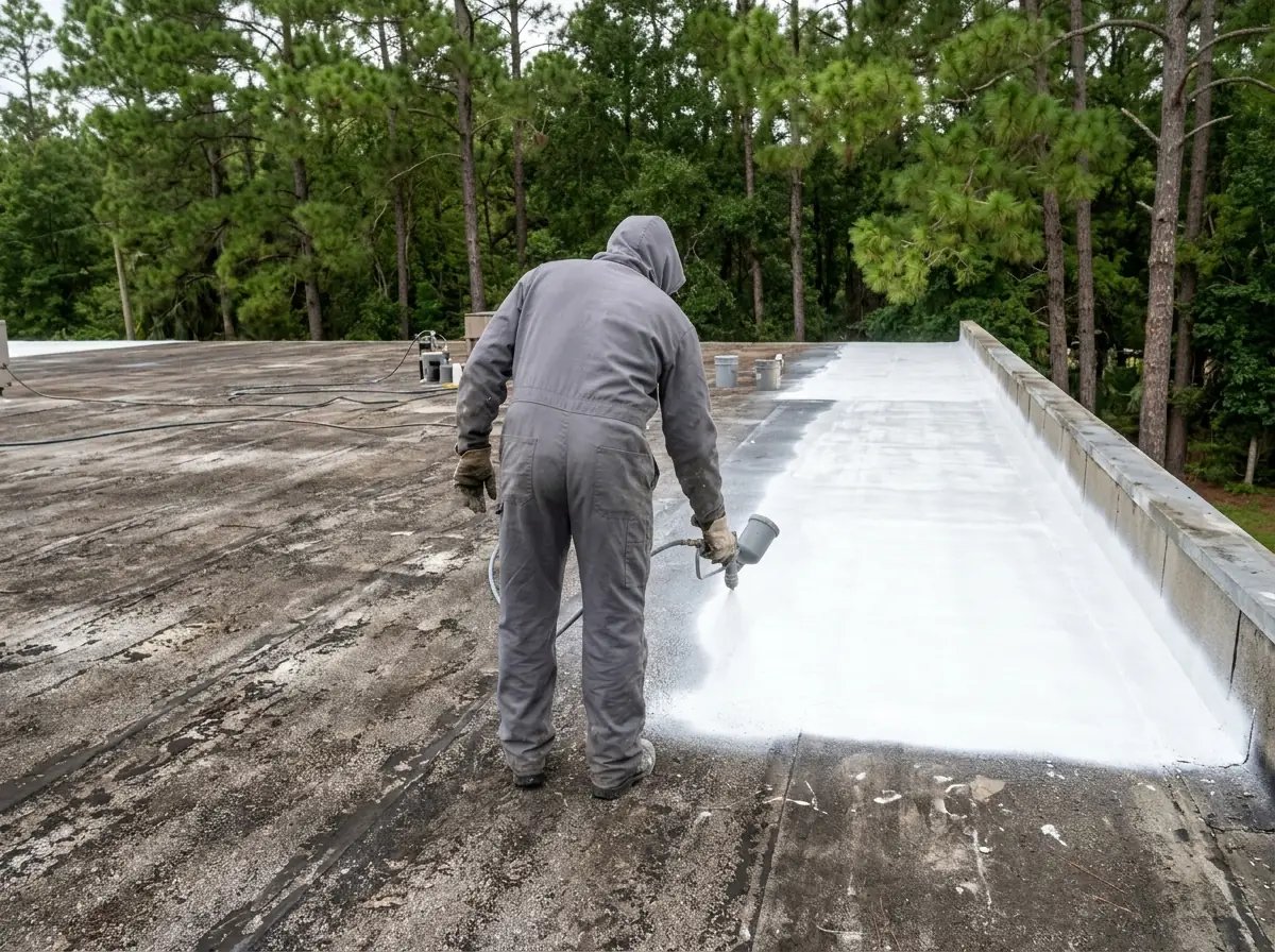 Roofer in a gray work suit spraying white silicone coating over a dark built-up roof on a low commercial building
