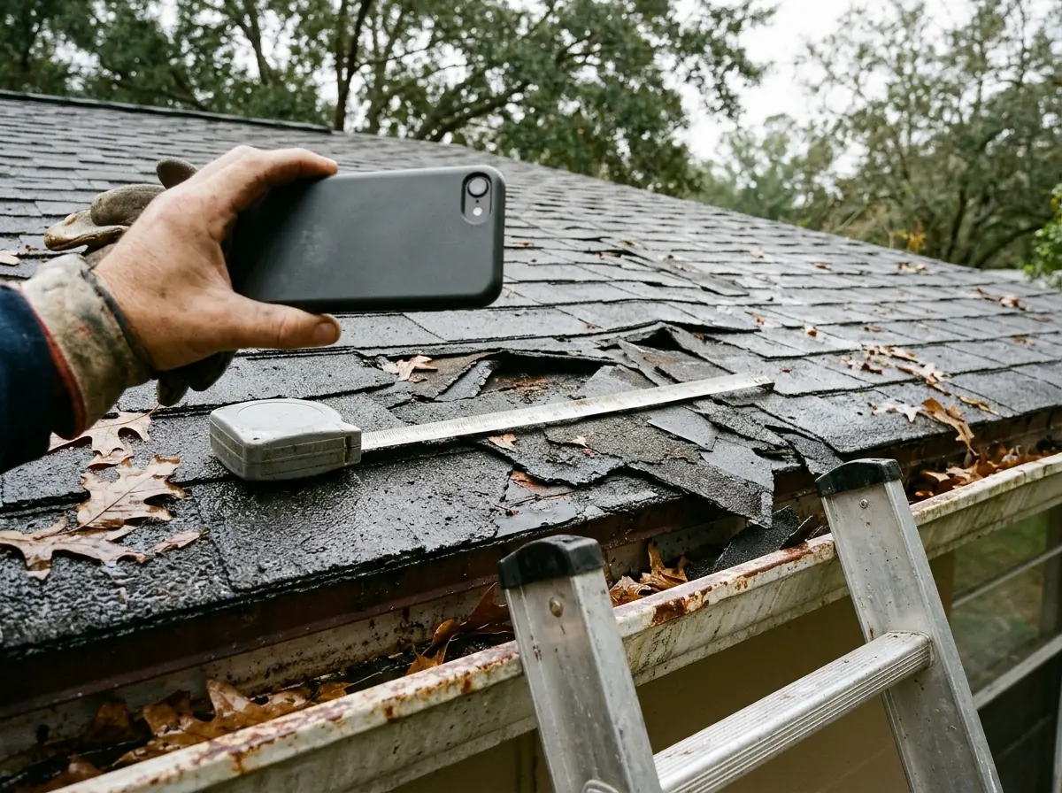 Homeowner's phone photographing storm-torn shingles and a water stain on a ceiling, with a tape measure laid across the damage for scale